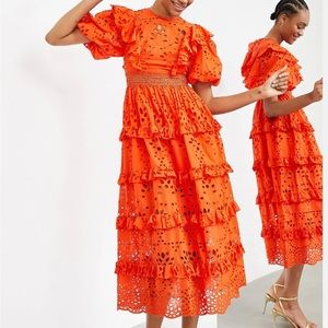 ASOS EDITION Tiered Eyelet Midi Dress with Ruffle - Orange Coral Sz US 4